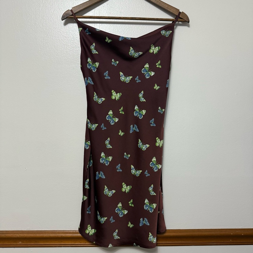 Urban Outfitters Mallory Butterfly Satin Cowl Neck Dress Size S Fairy Brown Y2K - Picture 10 of 10